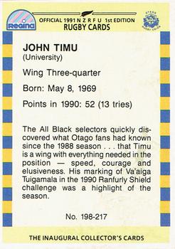 1991 Regina NZRFU 1st Edition #198 John Timu Back